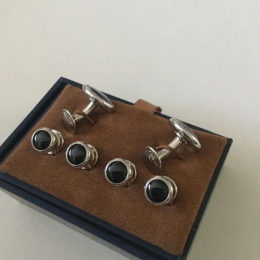 DAVID DONAHUE CUFF LINKS AND STUD SET SILVER BLACK ONYX NWT